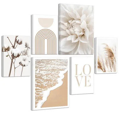 Produktbild von Omgoods – Set aus 6 beige Blumen-Wanddekorationen – Leinwandbilder für das Wohnzimmer