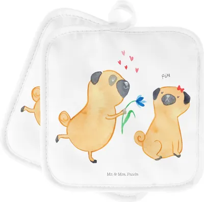 Produktbild von Mr. & Mrs. Panda Topflappen Mops Verliebt - Weiß - Geschenk, Set, topfhalter, 2er, Hund, Sprüche, Knuffig, Topfuntersetzer, Liebe, Topflappenset