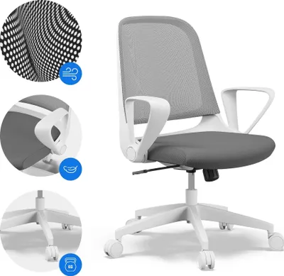A white and gray ergonomic office chair is shown with close-up insets highlighting features.