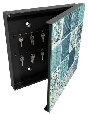 Produktbild von Schwarzer Schlüsselschrank aus Metall 30 x 30 cm - Schlüsselbox zur Wandmontage mit Tür - rechts öffnender Schlüsselkasten - praktische Schlüsselaufbewahrung für Zuhause - Retro-Mosaik, KI-generiertes Bild