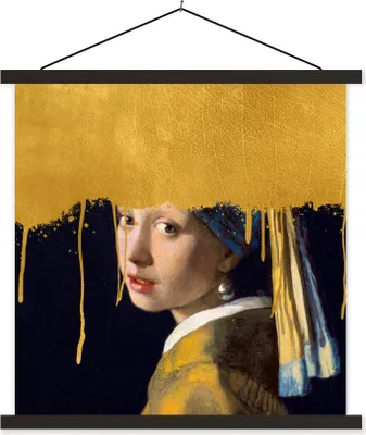 Produktbild von MuchoWow® Textilposter Mädchen mit einem Perlenohrring - Gold - Vermeer 60x60 cm mit schwarzem Rahmen - Posteraufhänger