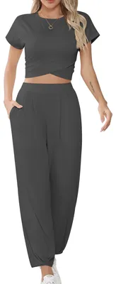 Imagen del producto de Inovra - Conjunto de entrenamiento para mujer - Top corto/Pantalón de chándal - Conjunto de 2 piezas - Tejido suave y transpirable - Bolsillos funcionales - Cintura elástica - Conjunto deportivo