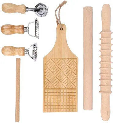 Produktbild von Hausgemachte Pasta-Set mit Holz-Pasta-Maker - Edelstahl-Knetgerät - 7 Accessoires - für Heimköche