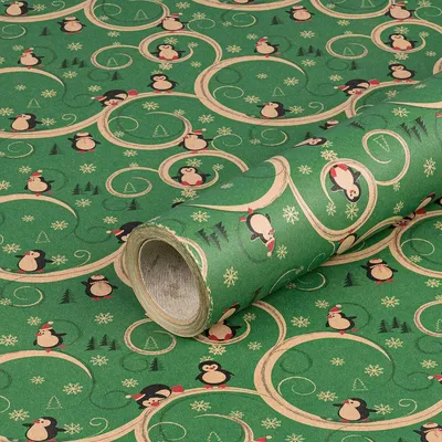 Image de Papier cadeau pour Noël, pingouins rigolos, vert, 0,70 x 10 m