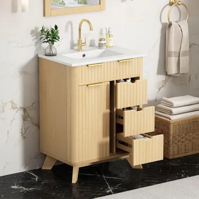 Image de Armoire de salle de bain Flieks avec un motif décoratif en forme d'ondulations, 3 tiroirs coulissants, meuble-lavabo avec porte coulissante et étagère intérieure, sans robinet, en bois naturel