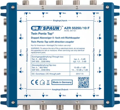 Zdjęcie produktu dla Spaun AZR 55250/10 F, Rozdzielacz kabli, 5 - 2200 MHz, Niebieski, 1 szt., F, 145 mm