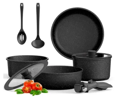 Produktbild von Granit Antihaft-Kochset mit abnehmbaren Griffen – 10-teilig inkl. Bratpfanne und Kochtopf mit Deckel – induktionsgeeignet, spülmaschinenfest & ofenfest für alle Herdarten, Schwarz