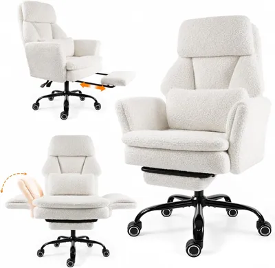 Produktbild von Drehstuhl Bürostuhl Ergonomisch mit klappbaren Armlehnen, Gaming Stuhl mit Fußstütze & 135° Verstellbarer Rückenlehne, Weiß -Teddy-Fleece-Stoff