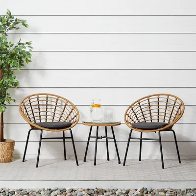 Produktbild von Homestyle4u 3-teiliges Gartenmöbel-Set Balkonmöbel Rattan Natur Tisch & 2 Sessel