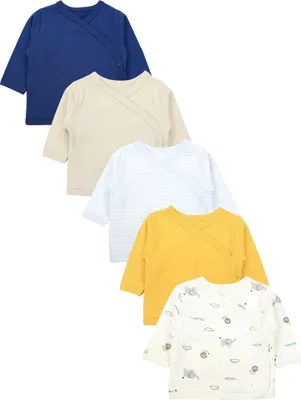 Produktbild von TupTam Baby Jungen Langarm Wickelshirt Baumwolle 5er Set, Farbe: Gelb_Blau_Beige_Tiere_Streifen, Größe: 80
