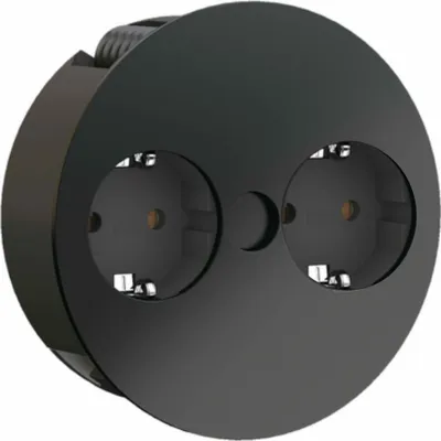 A black, round electrical outlet with two sockets is shown against a white background.