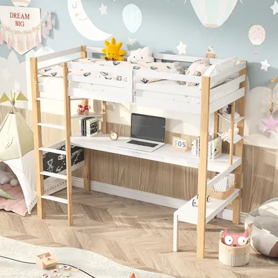 Zdjęcie produktu dla Łóżko piętrowe Moonbite 90x200 cm – biurko i półki w kombinacji białego koloru i naturalnego drewna, z drabiną, wykonane z sosny i MDF, w kolorach białym i naturalnym
