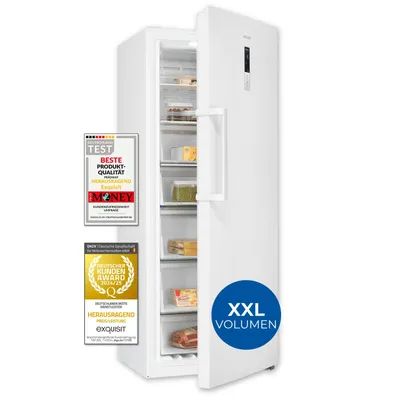 A white upright freezer with its door open, displaying shelves and food items inside. Several award badges are attached to the left side of the freezer, and a blue circular overlay with text is on the right door.