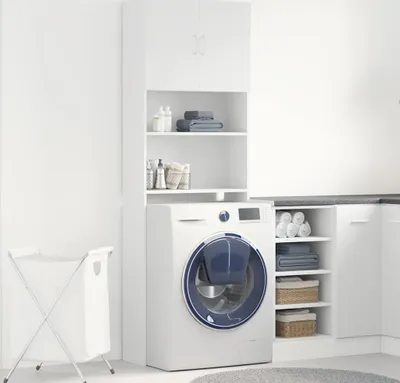 A laundry room scene with a washing machine, storage shelves, and a laundry basket.