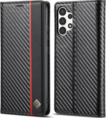 Obrázek produktu pro Pouzdro pro Samsung Galaxy A13 5G/4G/A04s/A04 Karbónové kožené pouzdro s držákem karet, magnetem a stojánku černé Vertikální červené