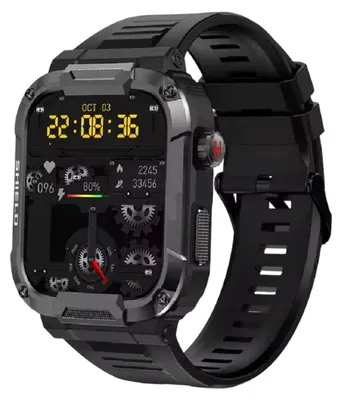 Schwarze robuste Smartwatch mit digitalem Display, das Uhrzeit, Datum, Herzfrequenz, Akkustand, Schritte und ein Zahnrad-Zifferblatt anzeigt