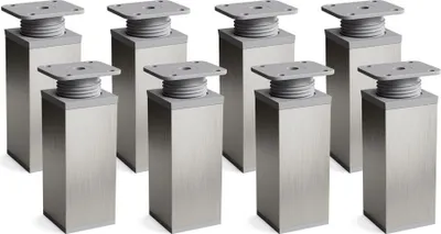 A set of eight identical silver-colored furniture legs with adjustable height mechanisms, arranged in a grid formation against a white background.