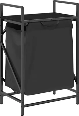 A black laundry basket with a shelf on top, shown against a white background.