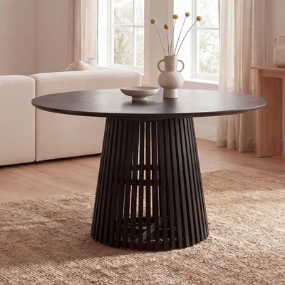 Produktbild von FineBuy Esstisch rund Ø 120 cm Mango Massivholz Schwarz – Moderner Holztisch mit Gittergestell, Design Esszimmertisch 4 Personen, Küchentisch massiv