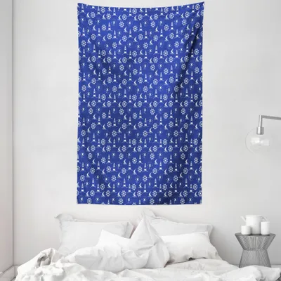 Produktbild von ABAKUHAUS Leuchtturm Wandteppich und Tagesdecke, Maritime Silhouetten aus Weiches Mikrofaser Stoff Waschbar ohne Verblassen Digitaldruck, 140 x 230 cm, Violett Blau Weiß