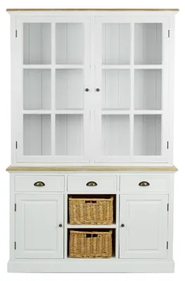 Produktbild von Casa Padrino Landhausstil Schrank Vitrine mit 2 Glastüren, 2 Rattankörben, antik weiß / naturfarben, 123 x 32 x H. 200 cm