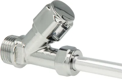 A close-up shot of a chrome-plated plumbing valve.