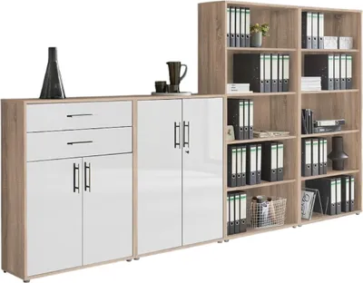 Produktbild von Aktenschrank TABOR 21 in Eiche Sonoma / weiß Hochglanz, Schrankwand, Büroschrank, abschließbar, Metallgriffe