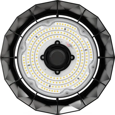 A top-down view of an LED high bay light.