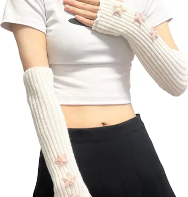 Produktbild von Gestrickte Armstulpen Mädchen Fingerlose lange Handgelenkhandschuhe Winterstern Armstulpen mit Daumenloch für Damen Streetwear Partys