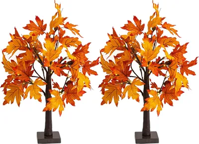 Produktbild von 2er-Pack 24 Zoll beleuchteter Thanksgiving-Ahornbaum-Dekor für den Herbst, 24 LEDs, batteriebetriebene Dekorationen, künstlicher Baum mit Timer für den Innenbereich, Zuhause, Zimmer, Feiertage, Weihnachtsfeier