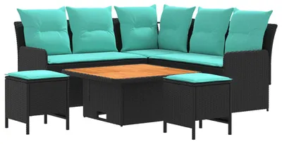Image de Ensemble de mobilier vidaXL avec coussins, 6 pièces, noir et turquoise, en rotin PE