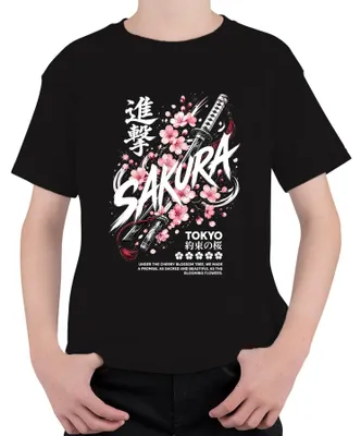 Productafbeelding van Sakura Katana Samurai Japan, Kersenbloesem, Japans, Y2K, Bushido, Kinder T-shirt, Zwart, Maat 116