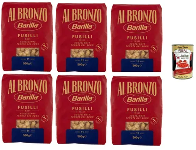 Produktbild von Barilla Al Bronzo Fusilli N.341 6x500g – 3 kg Vorratspack, extraraue Bronze-Textur für maximalen Saucenhalt, al dente in 11 Min., 100% Hartweizengrieß – aus Italien + Italian Gourmet polpa