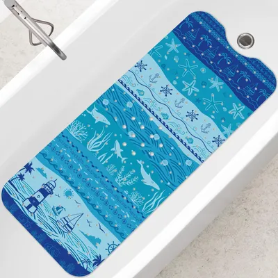 Image de Tapis de bain antidérapant, bleu, 100 x 40 cm, motif marin, sans BPA