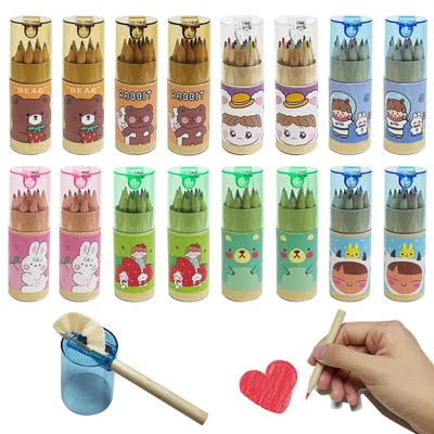 Mini-Buntstifte, 16 Stück, 12 Farben, mit Spitzer, vorgespitzt