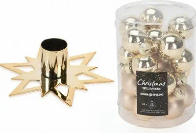 Image de Set - Set de décorations de Noël 24 pcs (ø 2,5 cm) + Bougeoir étoile, doré