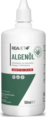 Produktbild von REAVET Algenöl für Hunde, Katzen, Pferde 50 ml I Hochdosiert & Vegan Omega-3 Öl I Futteröl aus Algen unterstützt Gelenke, Stoffwechsel, Fell & Haut