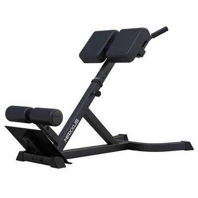 A black MAXXUS hyperextension bench is shown against a white background.