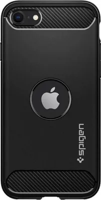 A black Spigen Rugged Armor phone case for an iPhone SE is shown from the back.