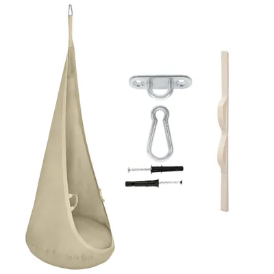 A beige hanging chair with its mounting hardware and a wooden support piece, all displayed against a white background.
