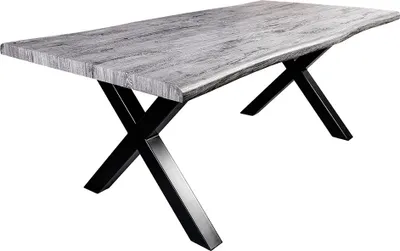 Produktbild von riess-ambiente Industrial Esstisch WILD 160cm grau gekälkt Wildeiche-Design Baumkante schwarz X-Gestell Esszimmertisch Tisch Konferenztisch