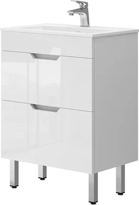A white high-gloss bathroom vanity with two drawers and a sink on top, with chrome legs and a chrome faucet.