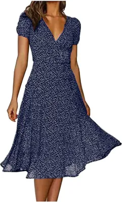 Image de ASKSA Robe d'été Femme Manches courtes Décolleté V Fleur Imprimé A-Line Robe Midi Robe de loisirs Robe de plage, Bleu, L