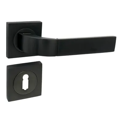 A black door handle set with square rosettes, shown against a white background.