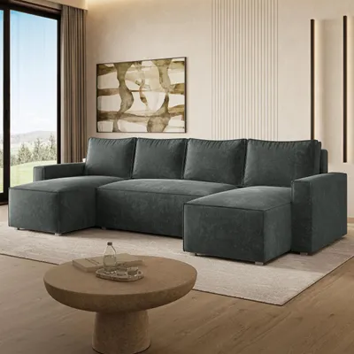 Produktbild von Masseno Ecksofa ASPRA LM mit Schlaffunktion U-Form, Sofa mit Bettkasten, Wohnzimmersofa, Couch, Soffa, Bettsofa, Couchgarnitur- Grau, LUMO 75