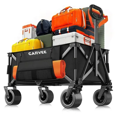 Image de Chariot pliable pour le transport - Chariot de camping - Volume de 200 litres - Pneus tout-terrain - Tissu Oxford 600D - Poches latérales - Noir