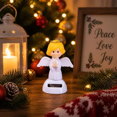 Produktbild von Weiße Solar Wackelfigur Engel – Weihnachtliche und winterliche Dekoration, KI-generiertes Bild