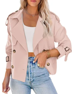 Zdjęcie produktu dla Krótki trencz damski w stylu casual – lekki i funkcjonalny – kolor różowy