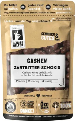 Produktbild von Cashew Zartbitter Schokis, Cashewnüsse umhüllt mit Zartbitter-Schokolade, 150g