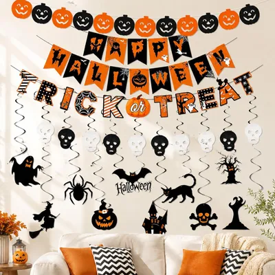 Halloween-Deko-Set: Banner, Girlanden, Spiralen, 25-teilig